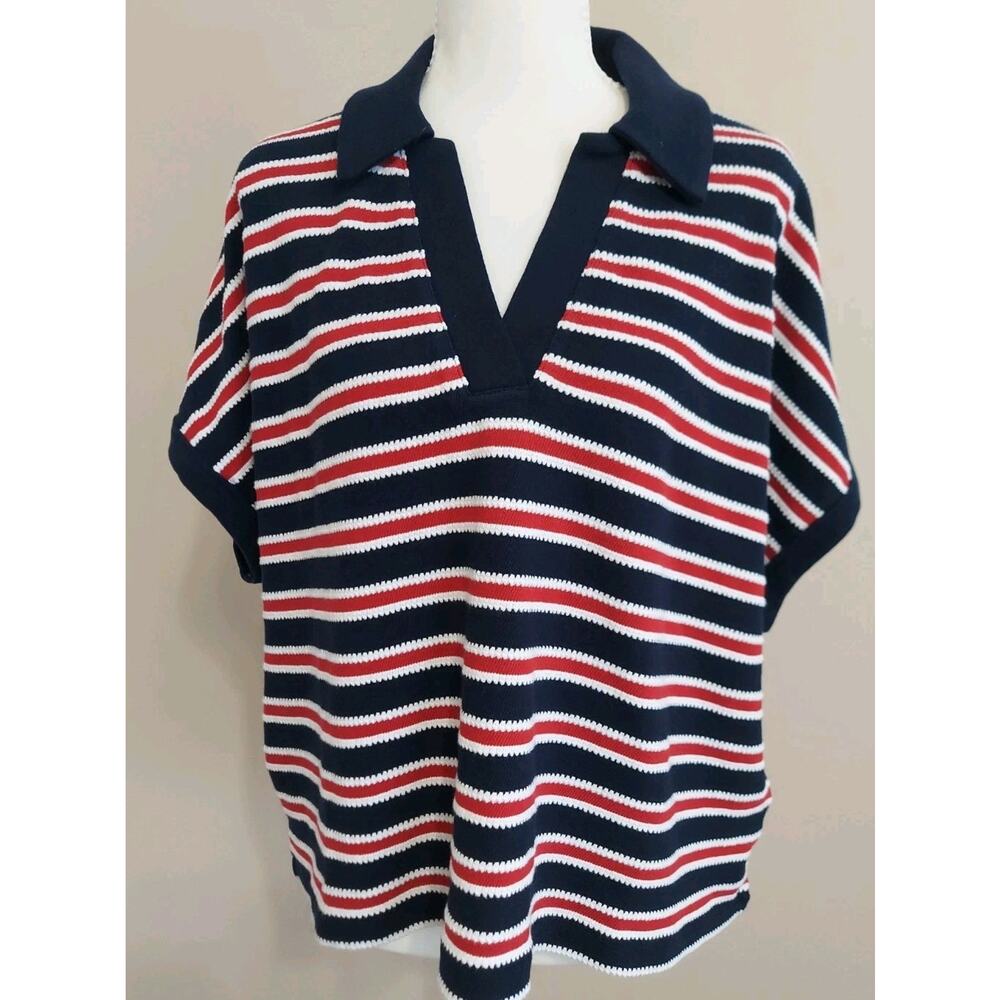 Madewell Women's V-Neck Polo Shirt in Stripe Cotton Blue/Navy SZ L - Picture 2 of 12